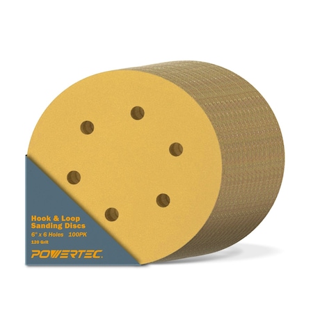 Powertec 120 Grit, 6 Inch 6 Hole Hook and Loop Sanding Discs for Random Orbital Sander, 100PK 45212G-50-P2